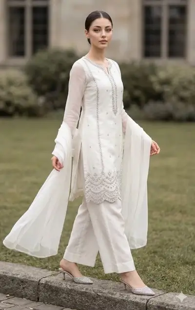 Retrato de moda con shalwar kameez blanco tradicional