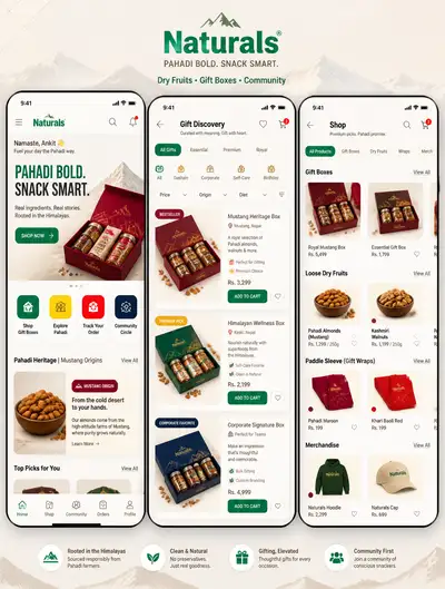 Premium dry fruits gifting brand mobile app UI mockup