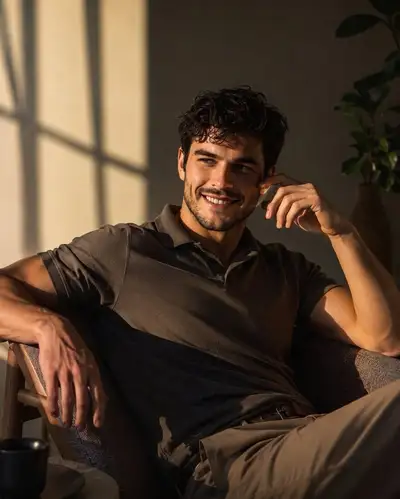 Golden-hour lifestyle portrait of a man in a lounge chair