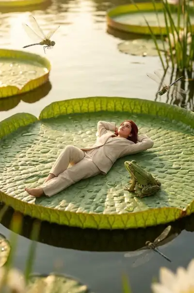 Nénuphar géant et grenouille : prompt d'identité miniature au bord d'un étang