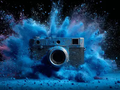 Product exploding through colored powder for high-speed advertising shots