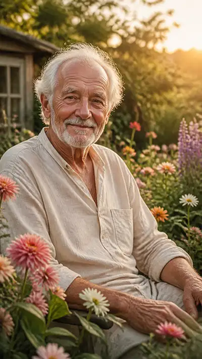 Portrait de jardinier âgé à l'heure dorée
