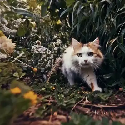 Gato malhado correndo por um jardim (Sora)