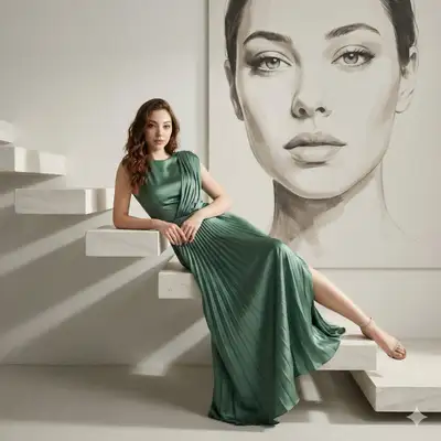 High-fashion editorial portrait on floating stone stairs