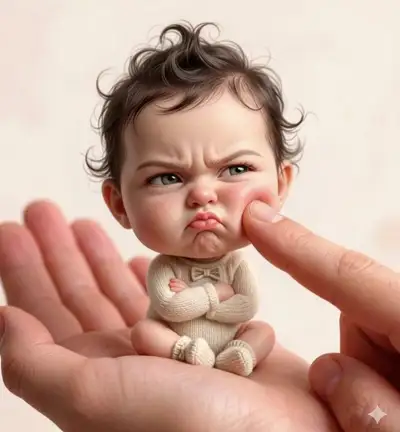 Hyper-realistic Miniature Grumpy Baby in Hand