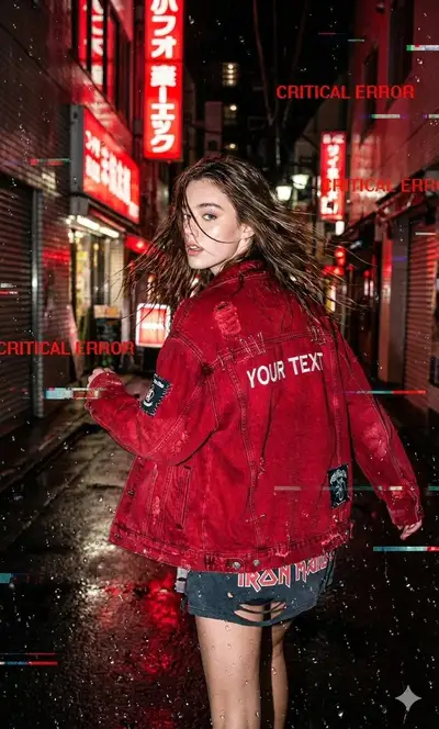 Rain-soaked Neo-Tokyo alley street style with glitch effects