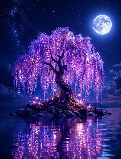 Surreal Glowing Tree Night Island