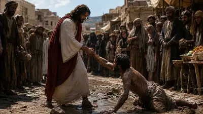 Cena bíblica cinematográfica de Jesus ajudando um homem caído