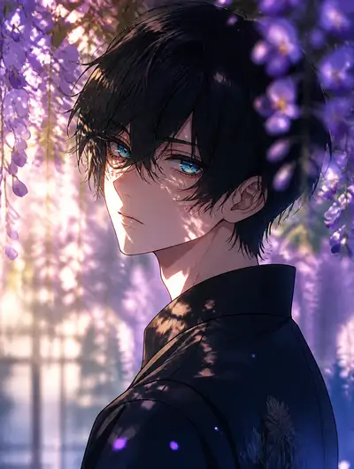 Itoshi Rin en un jardín de glicinas ilustración anime