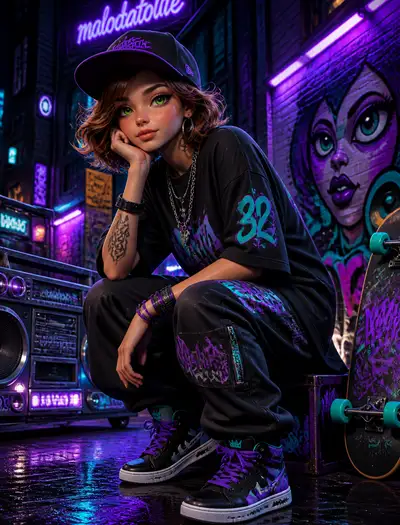 Cinematic 3D hip hop portrait of a woman in a neon graffiti alley