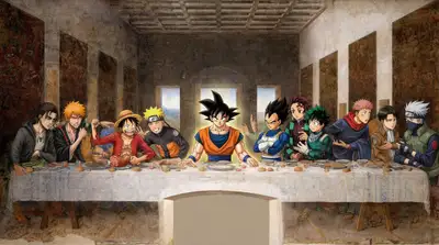 Anime-Abendmahl mit Goku im Mittelpunkt