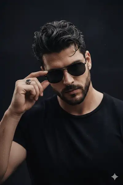 Moody wet-skin close-up portrait with aviator sunglasses