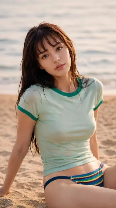 Photorealistic Beach Lifestyle Portrait of Young East Asian Woman