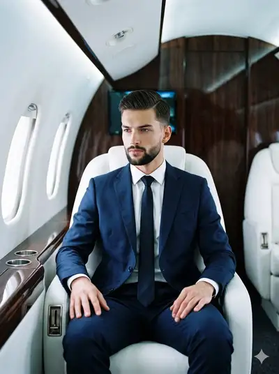 Editorial luxury portrait in a private jet cabin