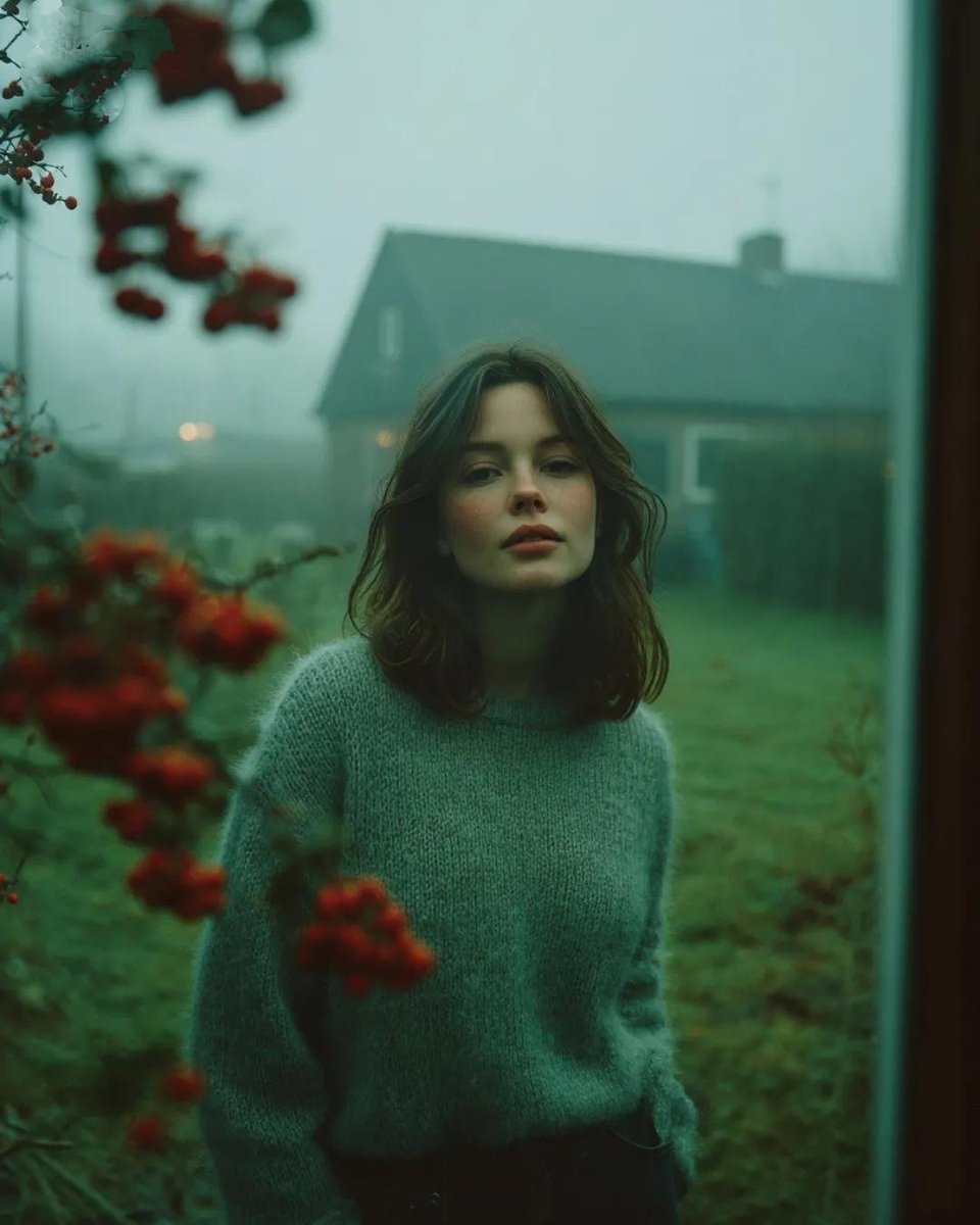 Foggy cinematic garden portrait, muted realism keywords