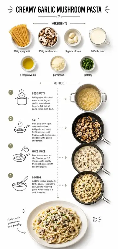 Step-by-step recipe infographic for creamy garlic mushroom pasta
