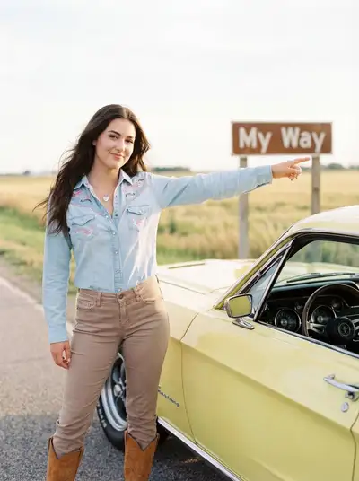 Editorial Americana road-trip portrait with yellow Mustang