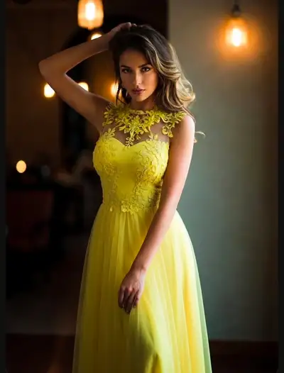 Retrato com vestido de renda amarelo sob luzes vintage de lâmpada