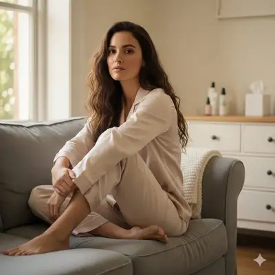 Ultra-realistic lifestyle portrait of a woman on a sofa
