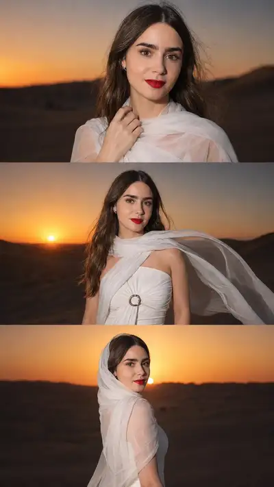 Collage de mode désertique à trois panneaux avec photographie au flash sur GPT Image 2