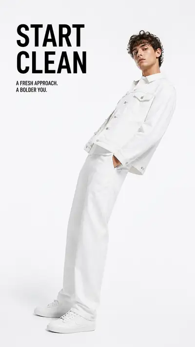 White denim jacket editorial with ultra-wide lens