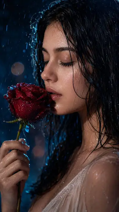 Filmisches Regenporträt mit Rosen-Prompt