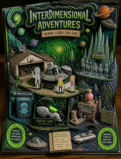 Diorama pop-up de papercraft de Rick and Morty estilo libro de cuentos