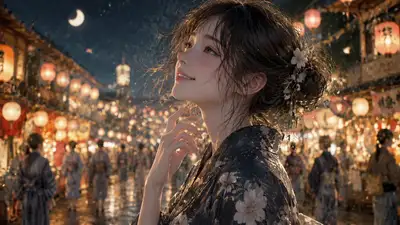 Femme en yukata souriant à travers ses larmes lors d'un festival d'été éclairé par des lanternes
