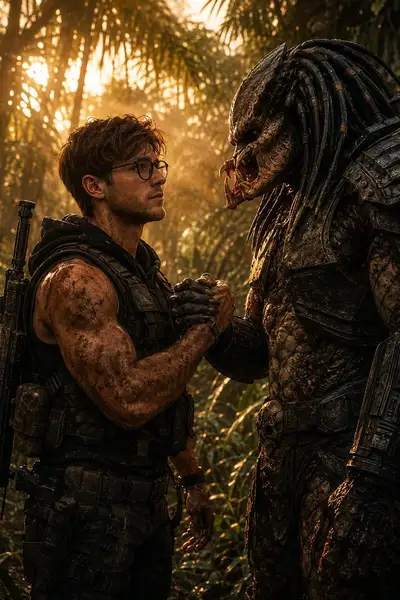 Soldier and Predator Warrior Handshake at Golden Hour
