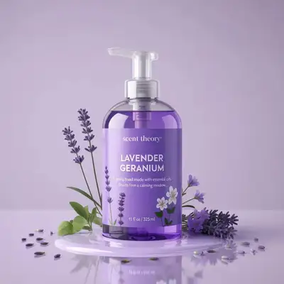 360-degree orbit shot of a lavender perfume bottle