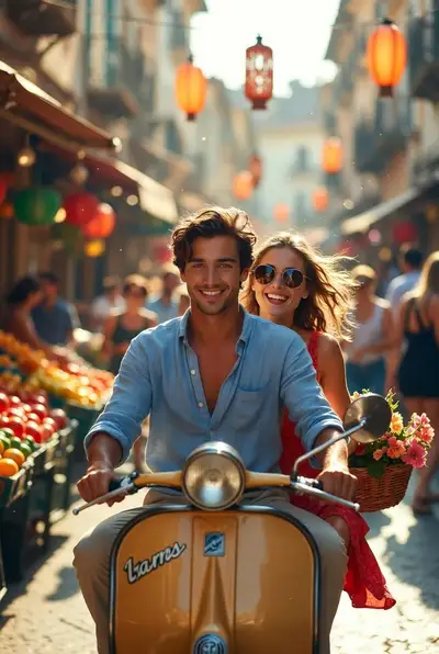 Golden Hour Vintage Scooter Market Scene