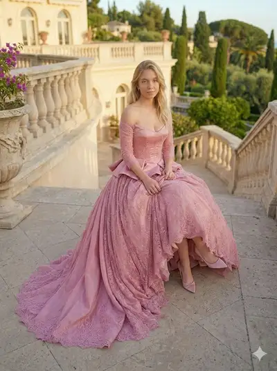 Elegant Ball Gown Portrait on Villa Steps (JSON)