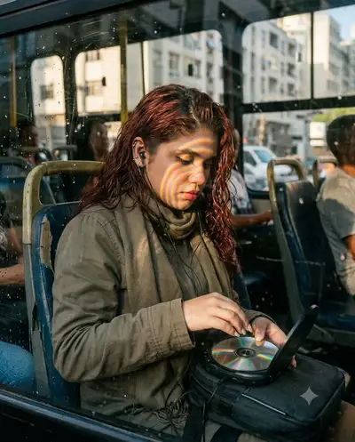 Nostalgisches 90er-Jahre-Porträt in einem brasilianischen Bus mit CD-Player