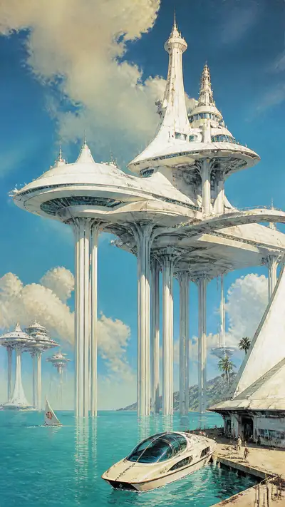 绿松石色海洋上空的复古科幻巨构建筑