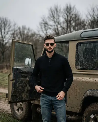 Rugged lifestyle portrait of a bearded man beside a mud-splattered 4x4