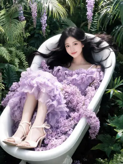 Ethereal lilac gown portrait in a flower-filled bathtub