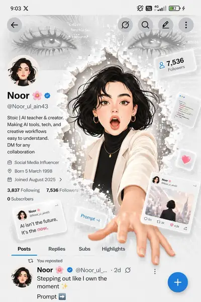 Woman emerging from glitch portal social UI portrait