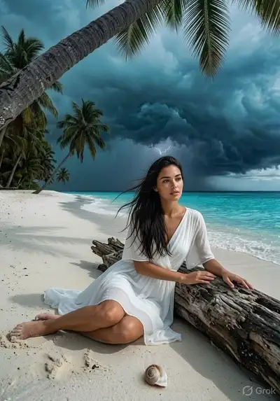 Photorealistic Stormy Beach Portrait Prompt