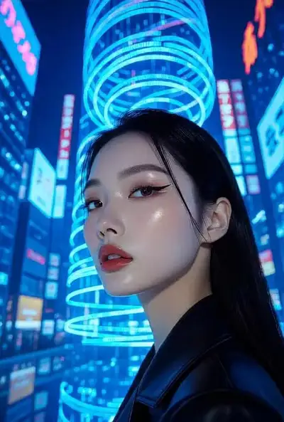 Fotorealistisches Tokio-Shinjuku-Mode-Editorial mit holografischen Reflexionen