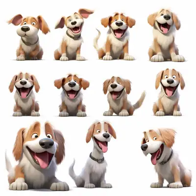 Hoja de personaje 3D de perro con expresiones