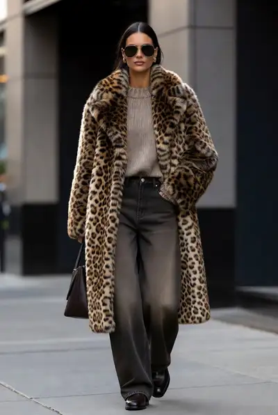 Éditorial de mode de rue haut de gamme avec fausse fourrure et denim