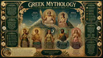 Art Nouveau infographic poster of the Greek Olympian family tree