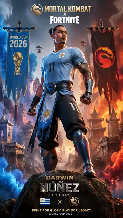 Uruguay hero-fighter poster: Darwin Nunez crossover with Fortnite style