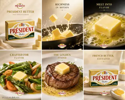 Prompt de campanha de marca de seis painéis da manteiga Président para GPT Image 2