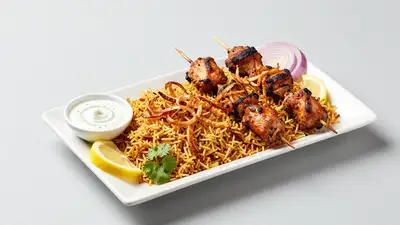 Seekh Kebab Rice Platter Food Photography Prompt