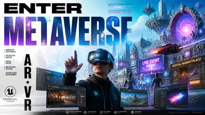 Póster publicitario futurista de casco de realidad virtual