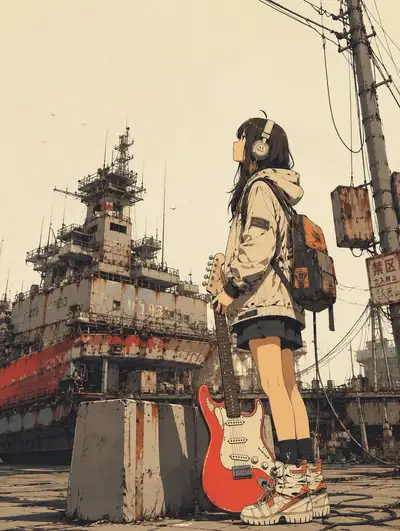 Lo-fi Anime Girl in Industrial Dockyard