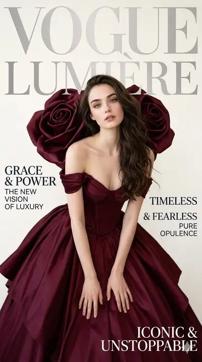 Portada de revista estilo Vogue, editorial de vestido de gala burdeos