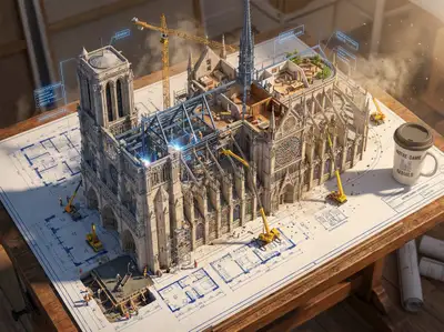 建築図面が命を吹き込まれる3Dシーンのプロンプト