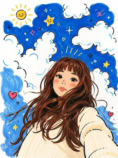 Dreamy Low-Angle Selfie with Ghibli Doodle Sky